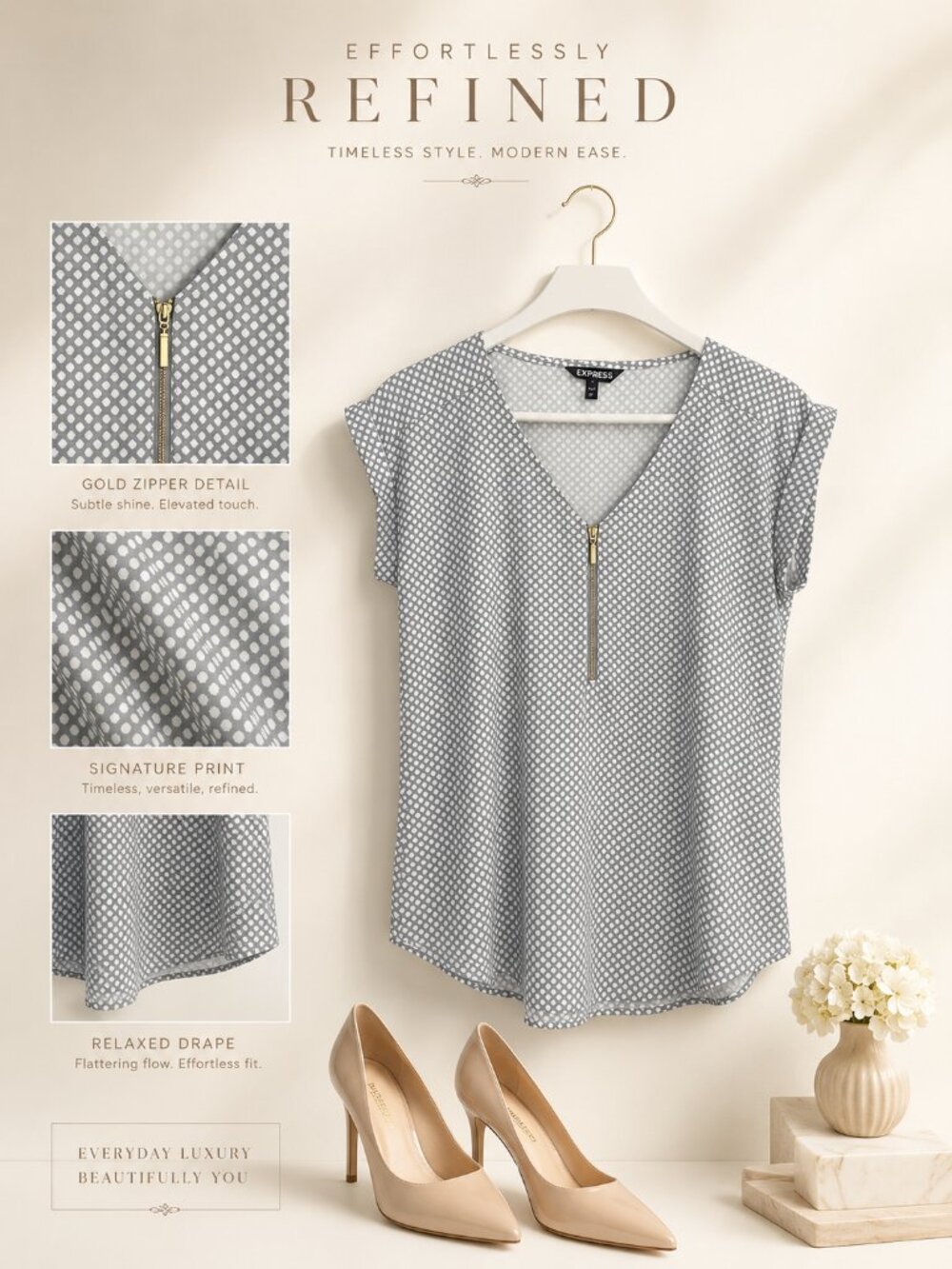 Premise Short Sleeve Grey Dot Top Sizes S M NWT